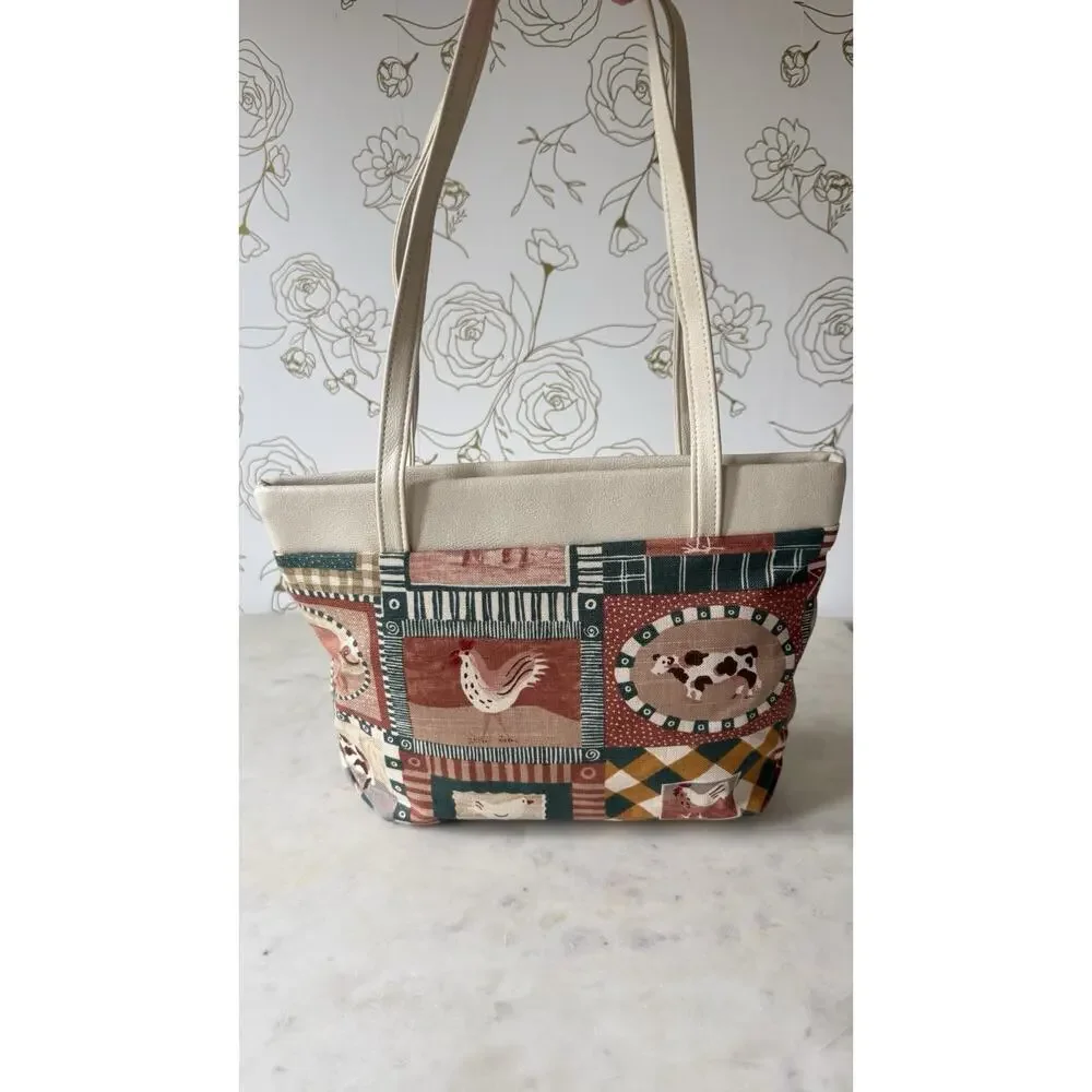 Farmhouse Patchwork Barn Horse Cow Chicken Country Cottagecore Tote Shoulder Bag